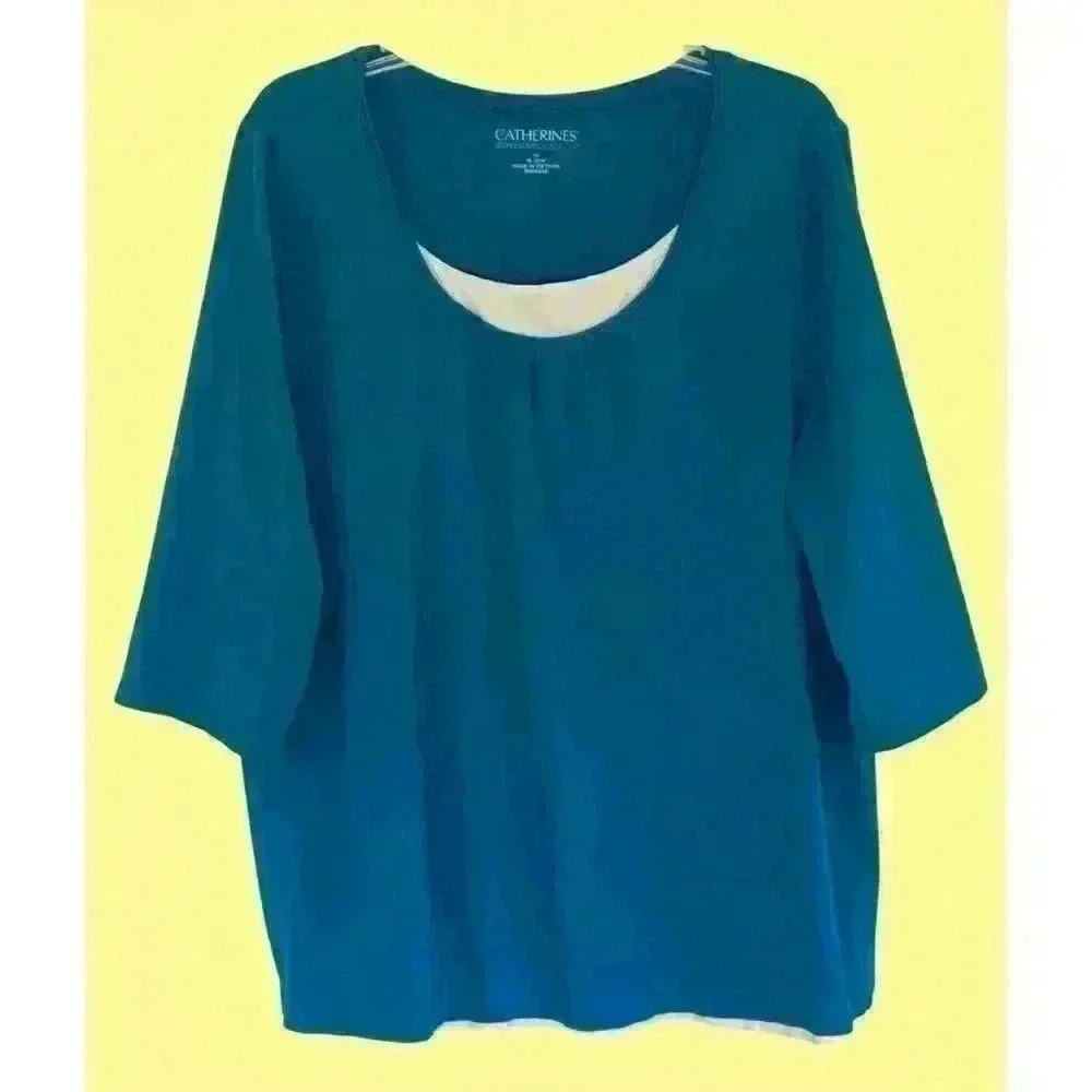 Catherines top 1X Supema Collection scoop neck 3/4 sleeve blue